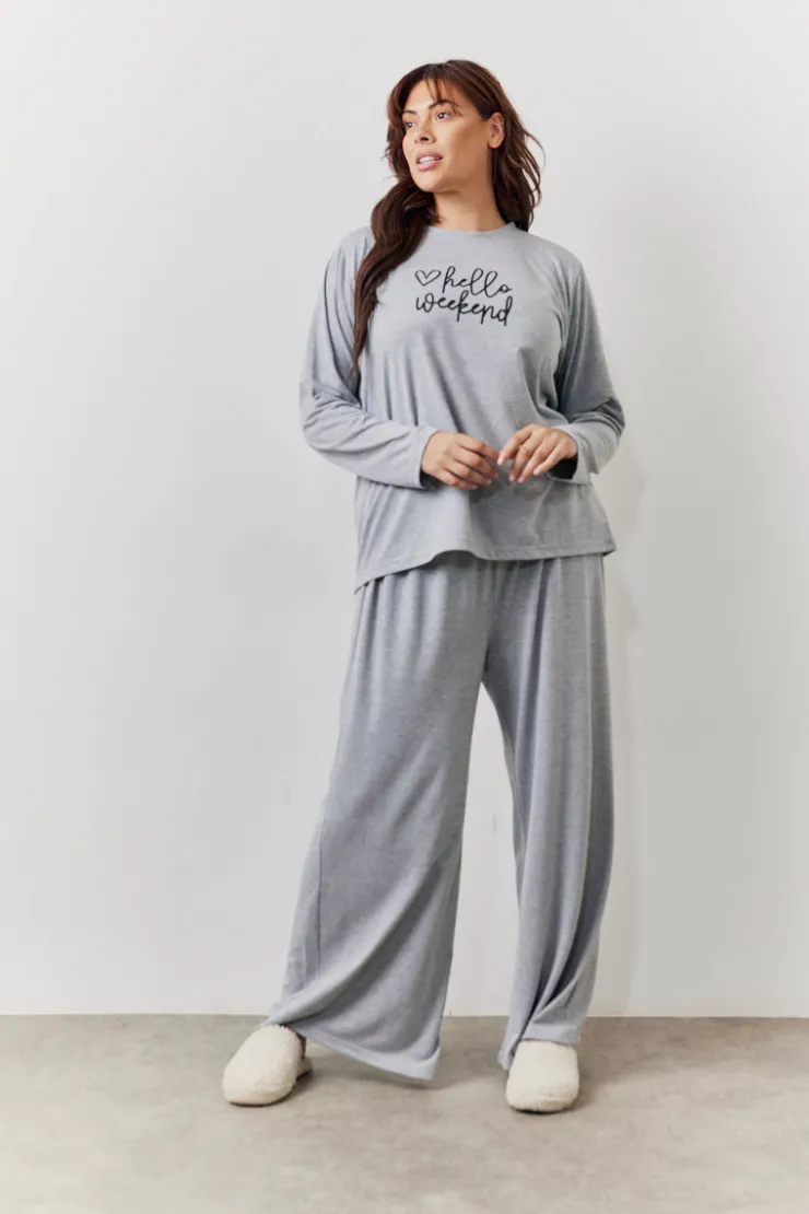 Discount In The Style Long Sleeve Top and Trouser Slogan PJ Set Grey