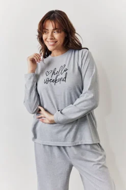 Discount In The Style Long Sleeve Top and Trouser Slogan PJ Set Grey