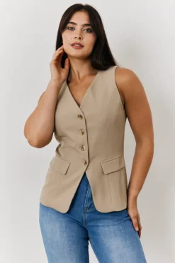 Hot In The Style Longline Button Through Waistcoat Stone