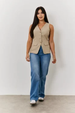 Hot In The Style Longline Button Through Waistcoat Stone