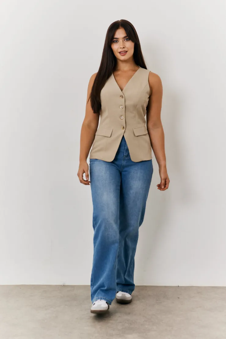 Hot In The Style Longline Button Through Waistcoat Stone