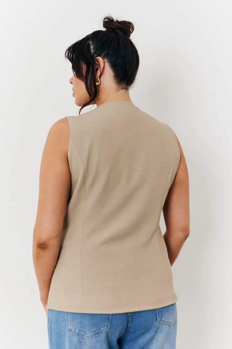 Hot In The Style Longline Button Through Waistcoat Stone