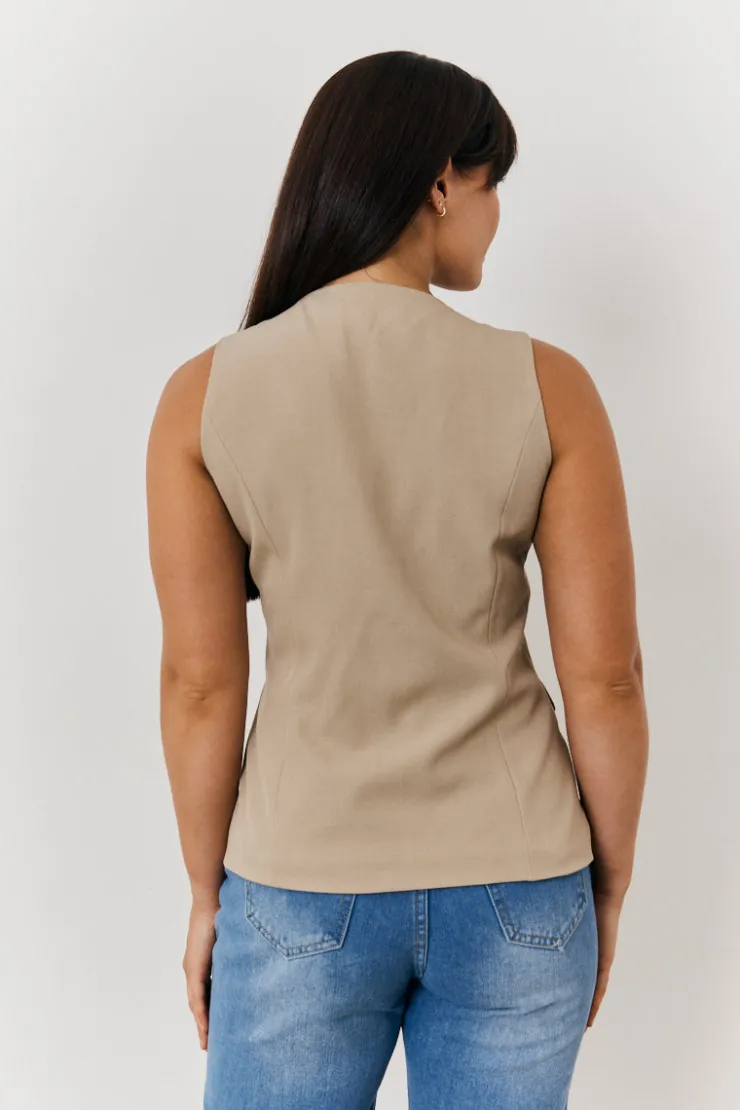 Hot In The Style Longline Button Through Waistcoat Stone