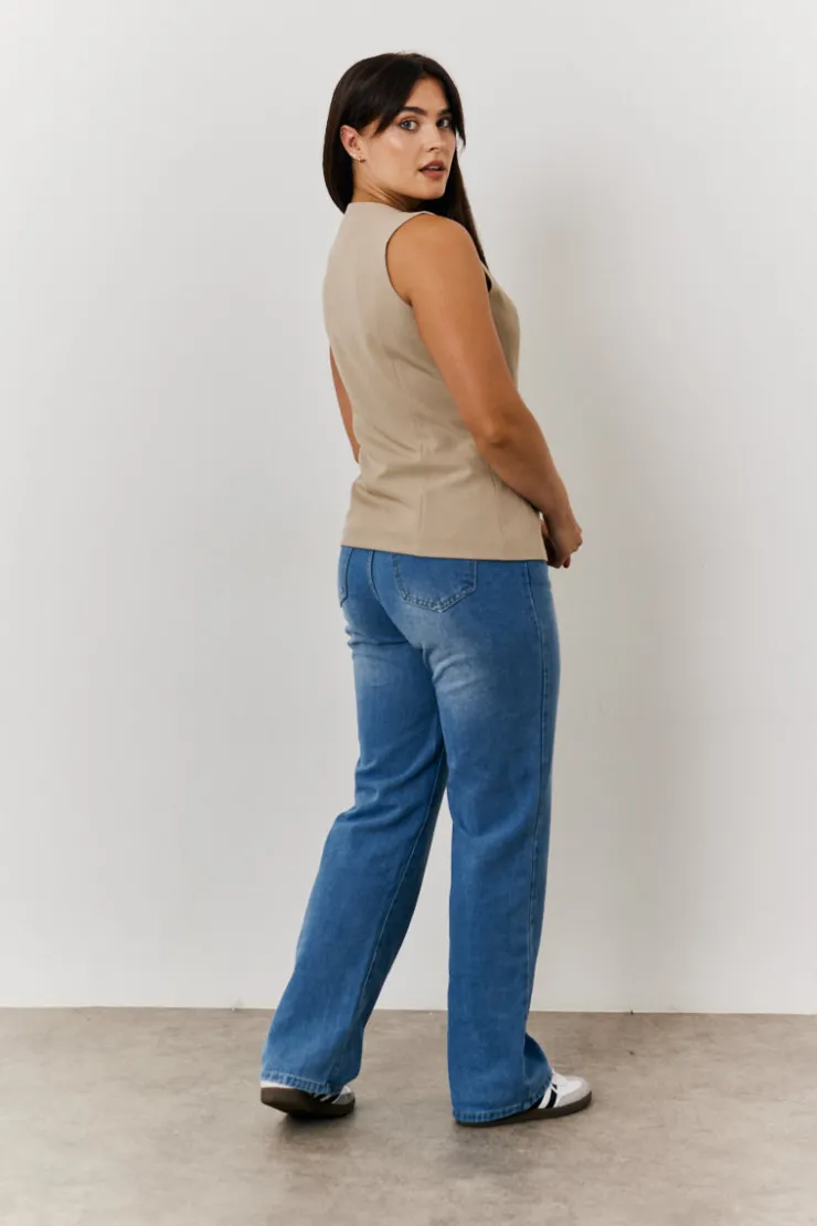 Hot In The Style Longline Button Through Waistcoat Stone