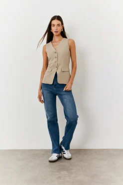 Hot In The Style Longline Button Through Waistcoat Stone