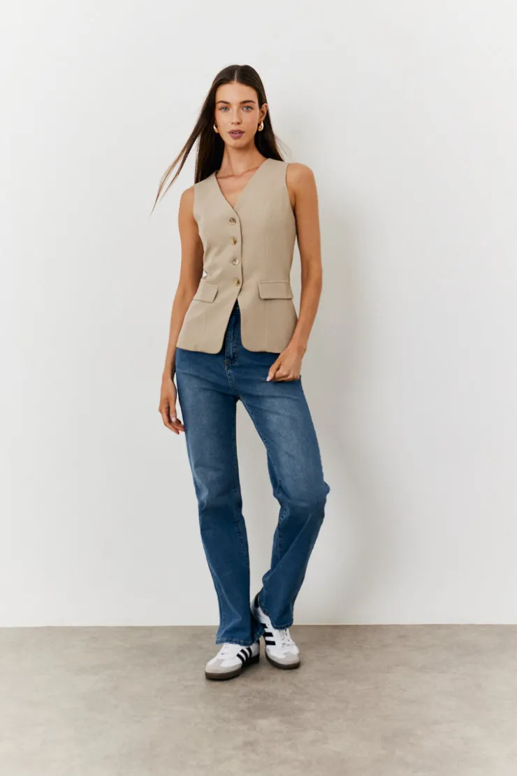 Hot In The Style Longline Button Through Waistcoat Stone