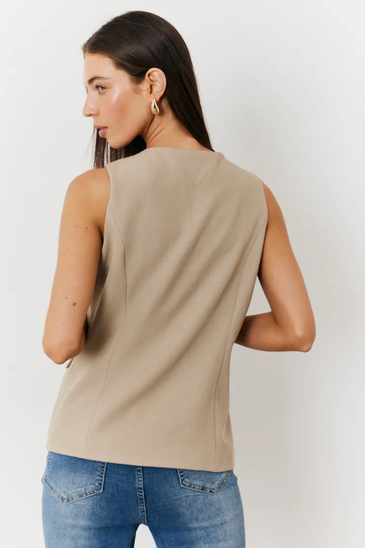 Hot In The Style Longline Button Through Waistcoat Stone