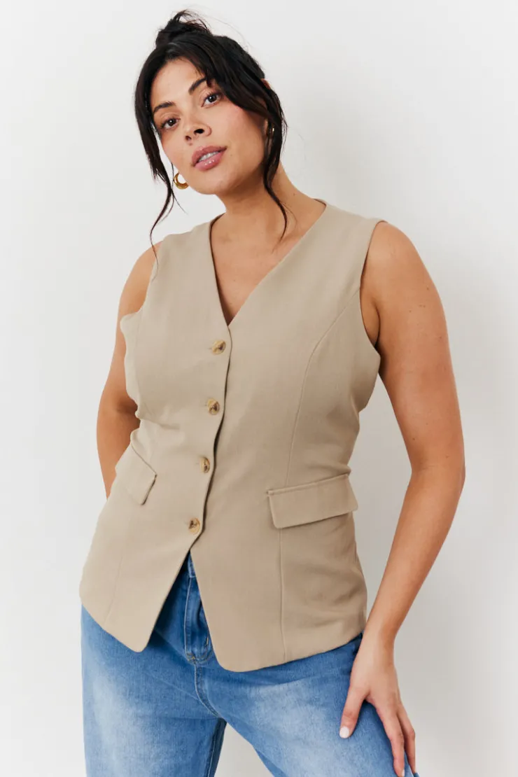 Hot In The Style Longline Button Through Waistcoat Stone