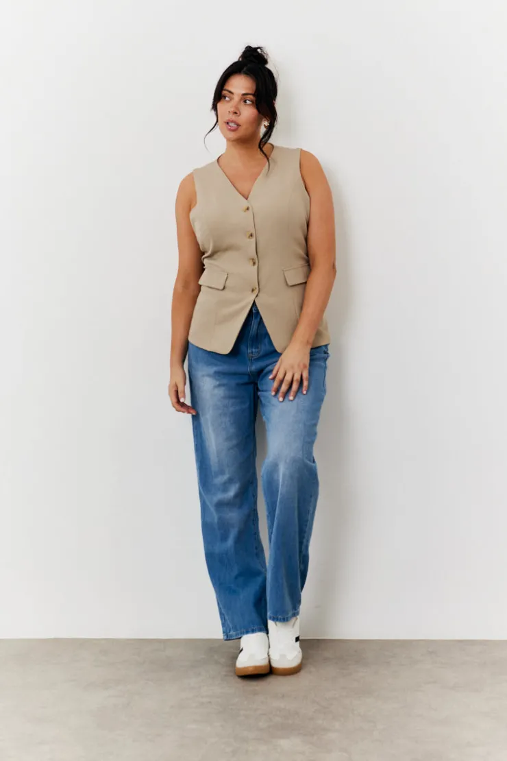 Hot In The Style Longline Button Through Waistcoat Stone
