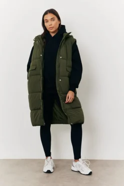 New In The Style Longline Hooded Puffer Gilet Khaki