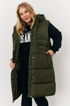 New In The Style Longline Hooded Puffer Gilet Khaki