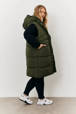 New In The Style Longline Hooded Puffer Gilet Khaki