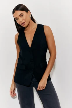 Sale In The Style Longline Pocket Detail Waistcoat Black