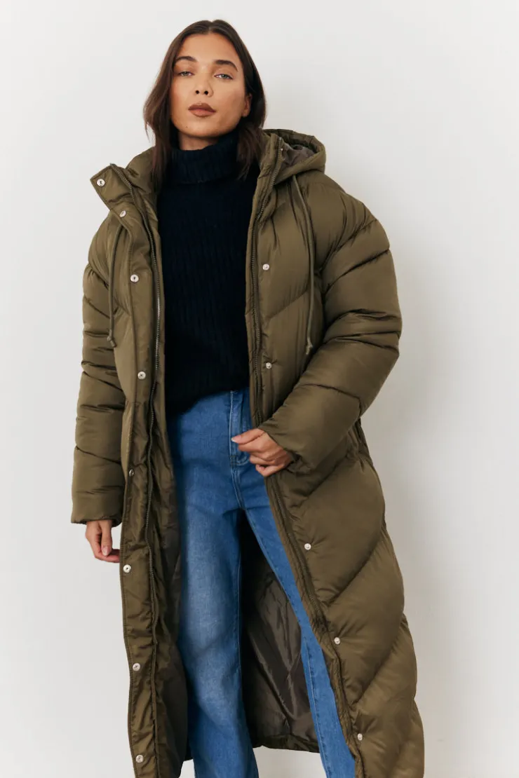 Best In the Style Longline Puffer Jacket Khaki