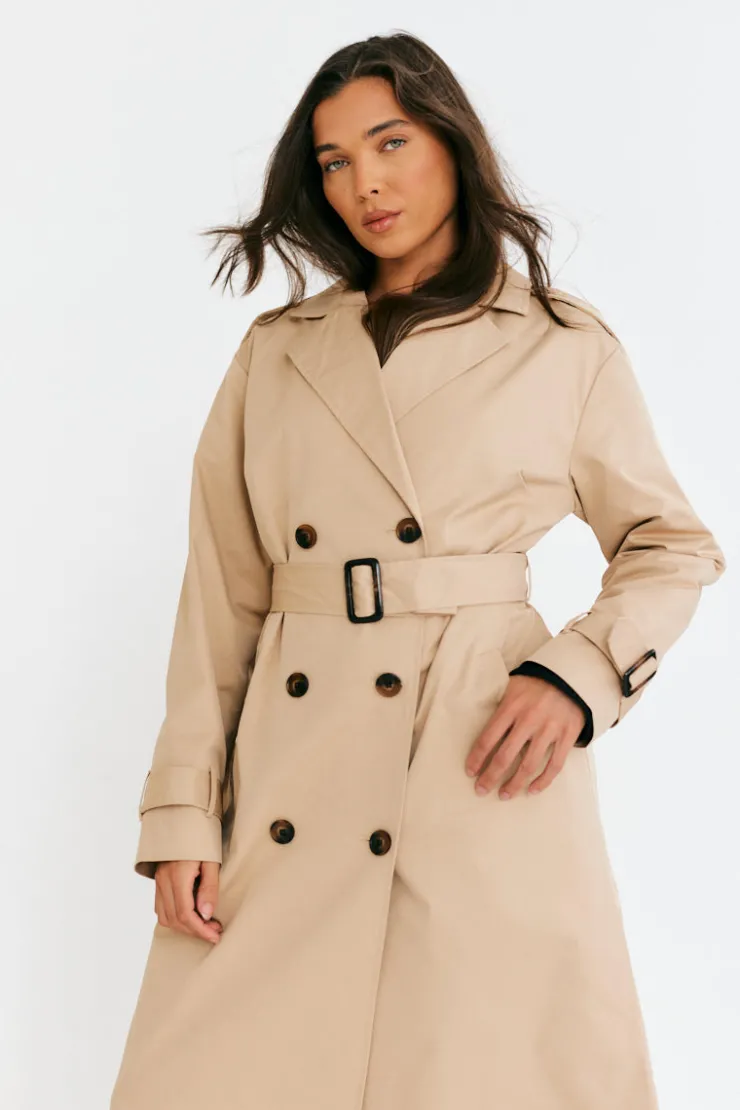 New In The Style Longline Trench Coat Stone
