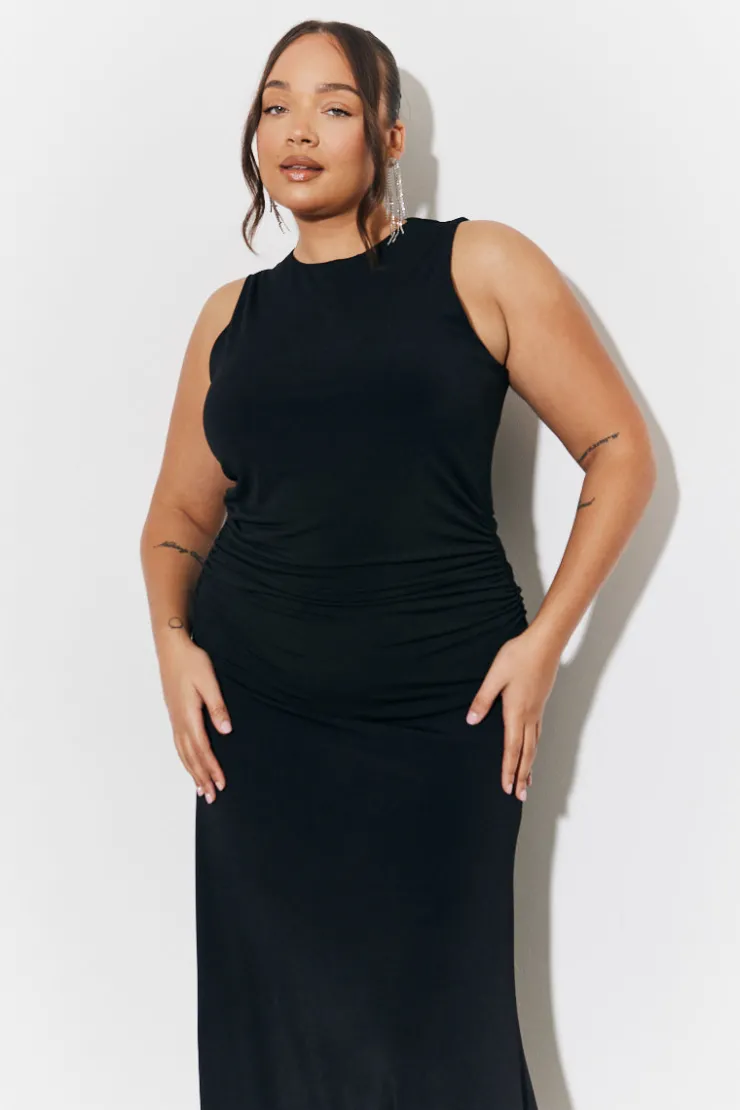 New In The Style Magic Sculpting High Neck Ruched Maxi Dress Black