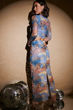 Hot In the Style Marble Print Midaxi Co-Ord Skirt Blue
