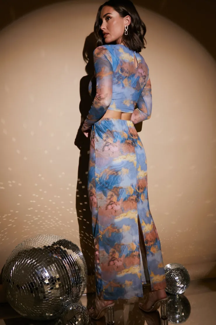 Hot In the Style Marble Print Midaxi Co-Ord Skirt Blue