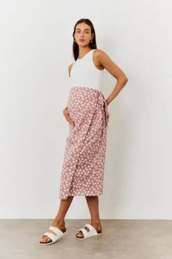Sale In the Style Maternity Floral Print Wrap Front Midi Skirt Pink