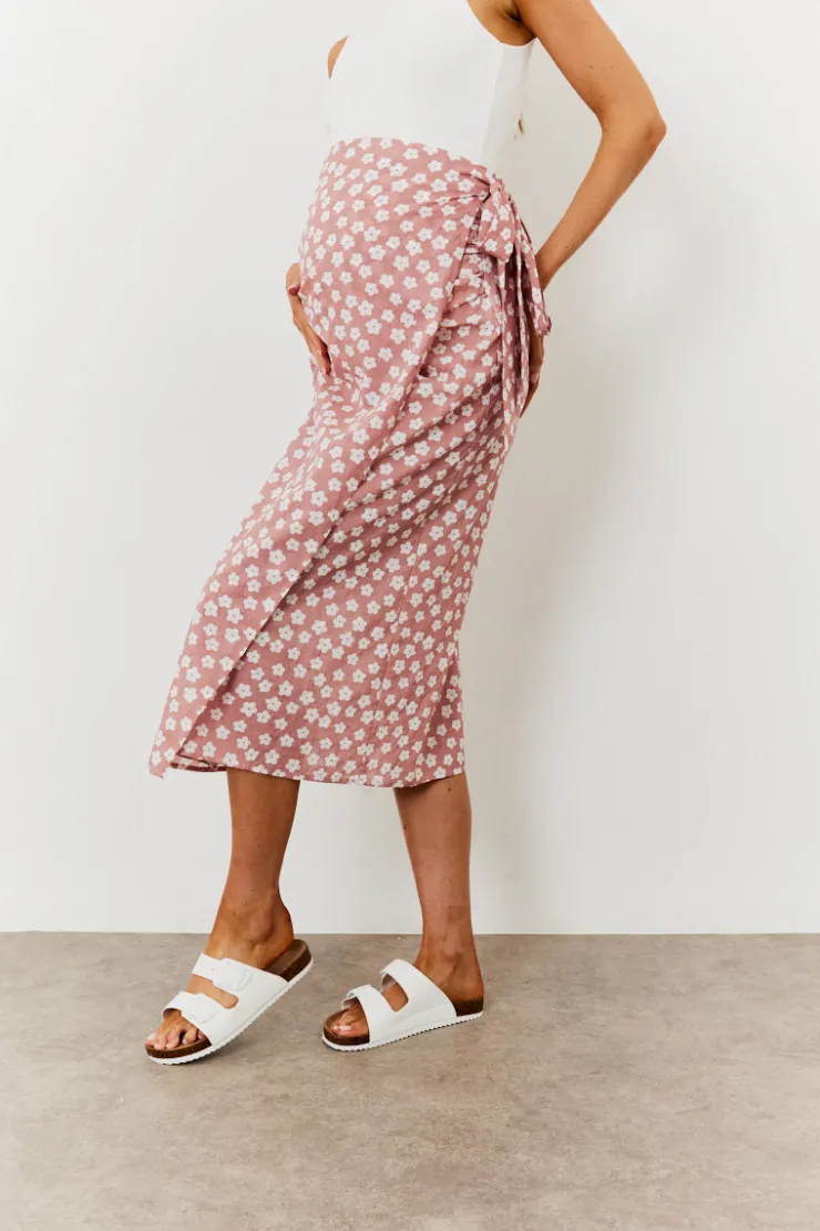 Sale In the Style Maternity Floral Print Wrap Front Midi Skirt Pink