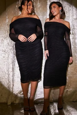 New In the Style Mesh Bardot Ruched Midi Dress Black