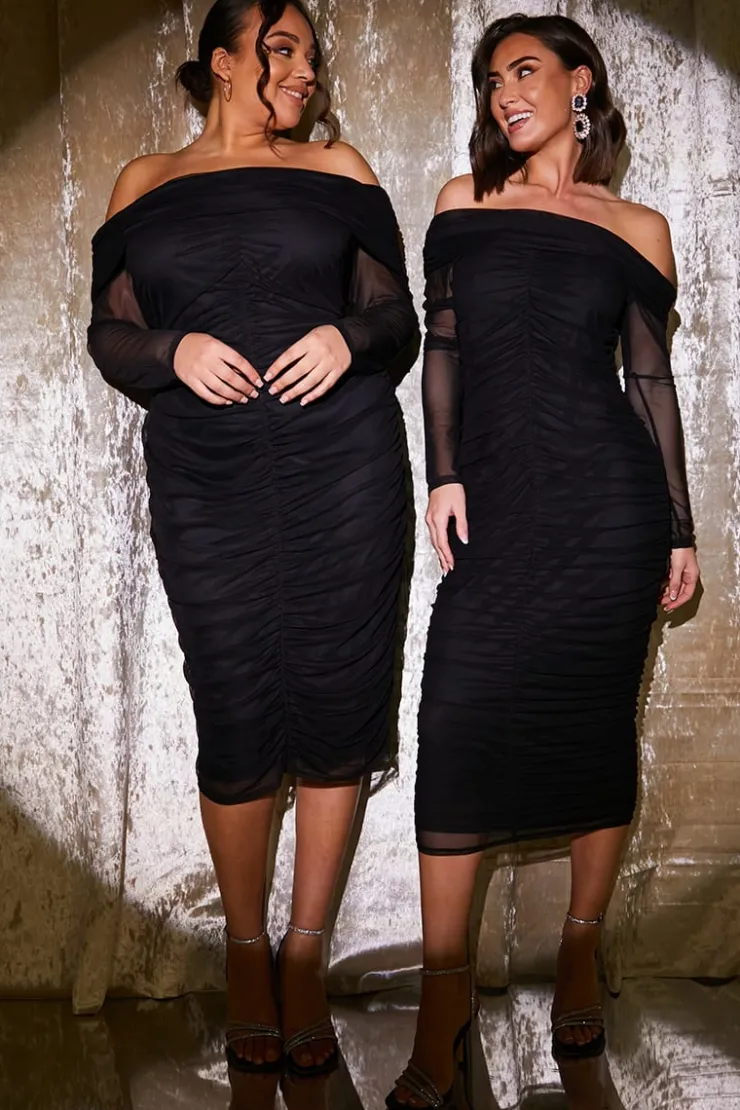 New In the Style Mesh Bardot Ruched Midi Dress Black