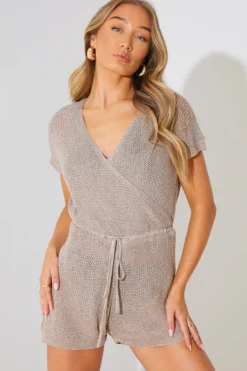 Outlet In the Style Metallic Knit Drawstring Playsuit Mocha