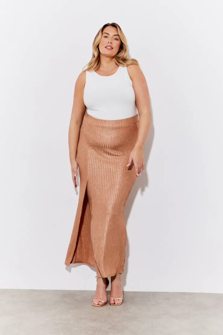 New In the Style Metallic Rib Split Midaxi Co-Ord Skirt Rose