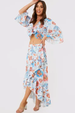 New In the Style Floral Frill Detail Wrap Maxi Skirt Multi