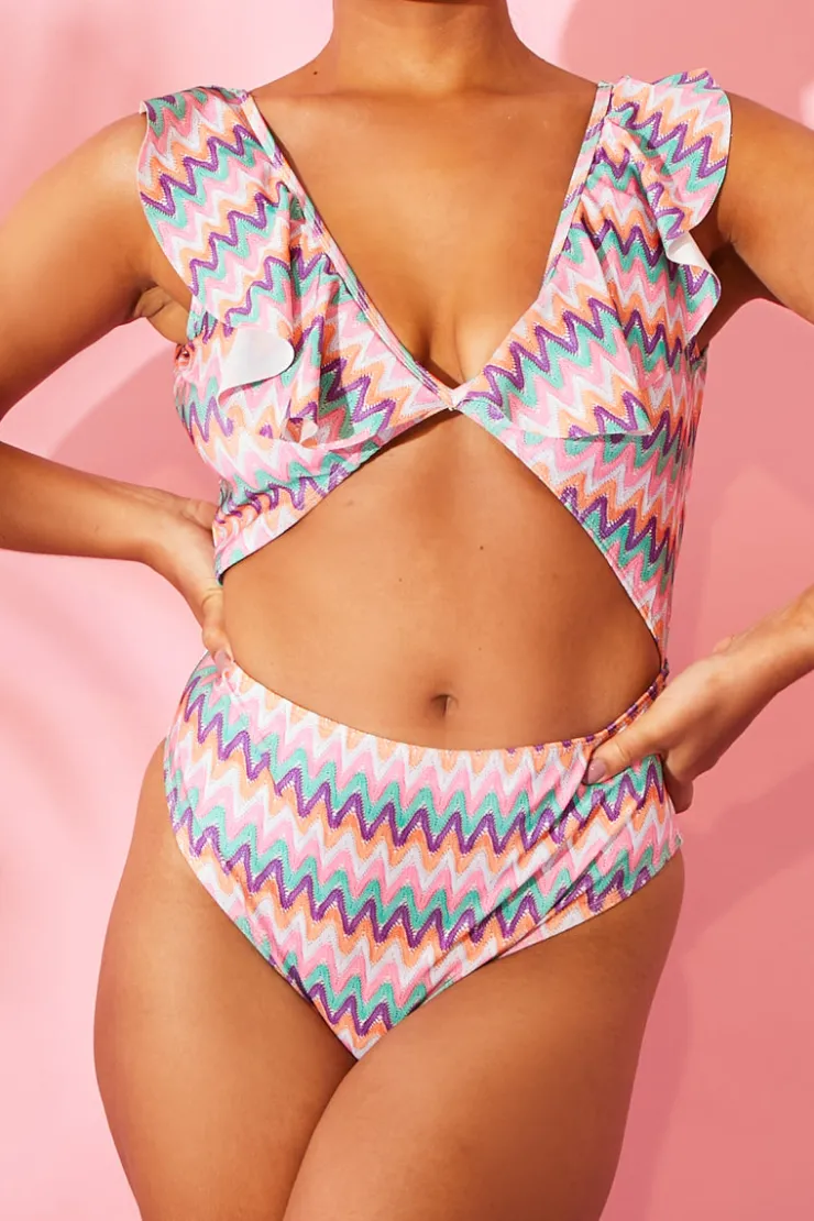 Hot Billie Faiers Zig Zag Ruffle Swimsuit Multi