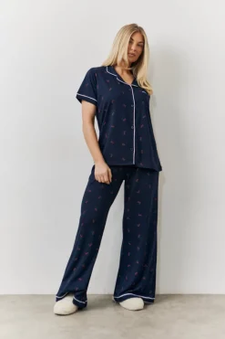 New In the Style Cherry Print Shirt and Trouser PJ Set Navy