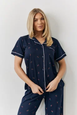 New In the Style Cherry Print Shirt and Trouser PJ Set Navy