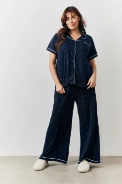 New In the Style Cherry Print Shirt and Trouser PJ Set Navy