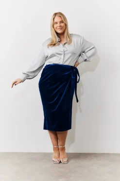 In the Style Velvet Wrap Midi Skirt Navy