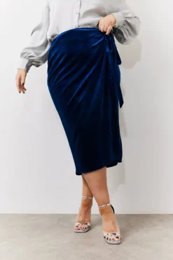 In the Style Velvet Wrap Midi Skirt Navy