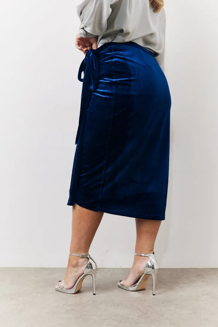 In the Style Velvet Wrap Midi Skirt Navy
