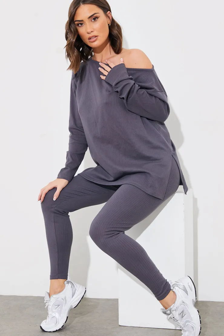 New In The Style Off The Shoulder Long Sleeve T Shirt And Legging Set