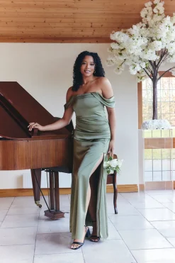 Outlet In The Style Satin Bardot Ruched Maxi Dress Olive