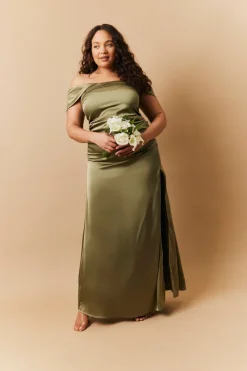 Outlet In The Style Satin Bardot Ruched Maxi Dress Olive