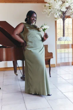 New In The Style Satin Cowl Back Maxi Dress Olive