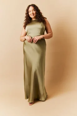New In The Style Satin Cowl Back Maxi Dress Olive