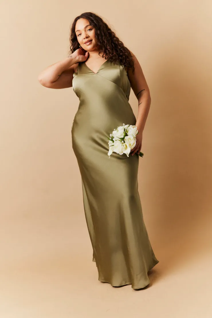 New In The Style Satin Twist Back Maxi Dress Olive