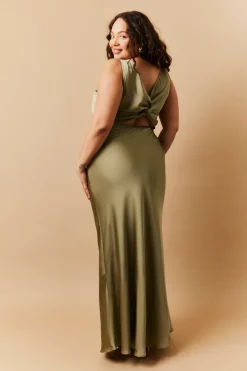 New In The Style Satin Twist Back Maxi Dress Olive