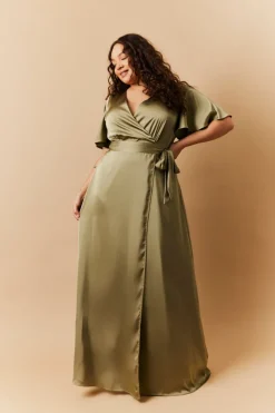 Discount In The Style Satin Wrap Tie Angel Sleeve Maxi Dress Olive
