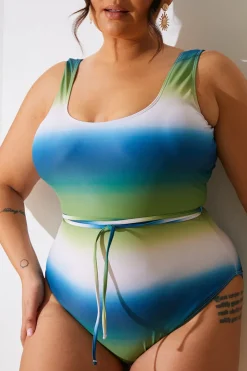 Clearance In the Style Ombre Scoop Neck Belt Detail Swimsuit Multi