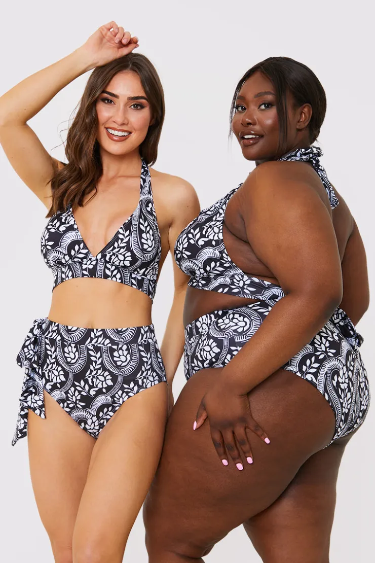 Clearance In the Style Paisley Print Tie Side Bikini Bottom Black