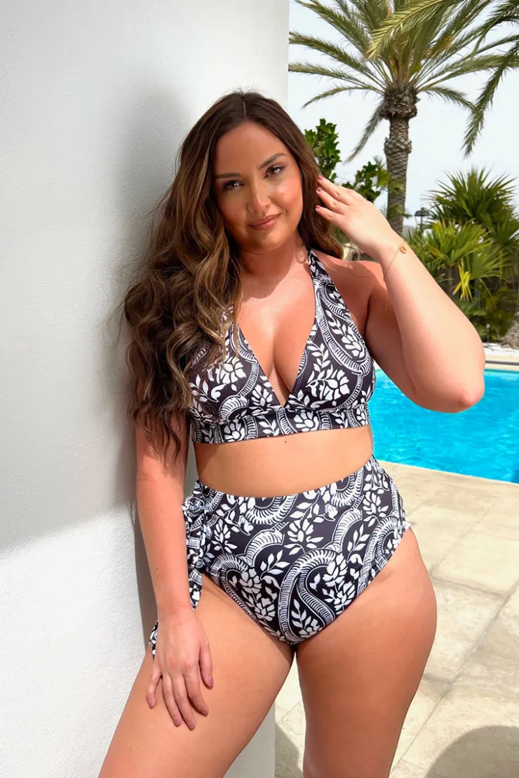 Clearance In the Style Paisley Print Tie Side Bikini Bottom Black