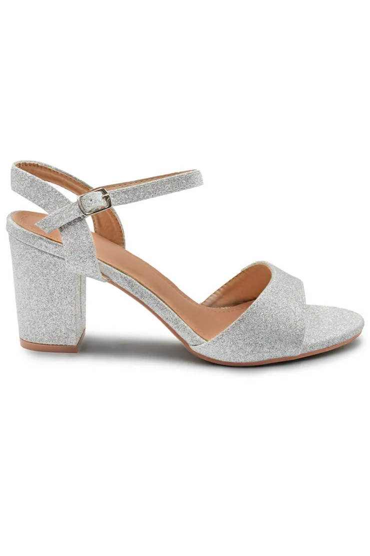 Clearance Where's That From PAITYN BUCKLE UP LOW BLOCK HEEL SANDAL IN MOON SILVER GLITTER
