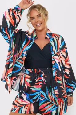 Hot In the Style Palm Print Co-Ord Beach Shirt Black