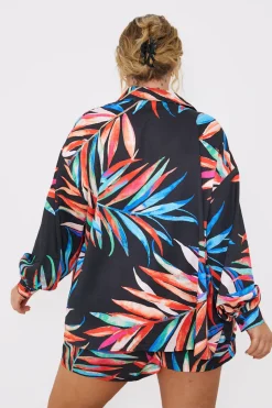 Hot In the Style Palm Print Co-Ord Beach Shirt Black